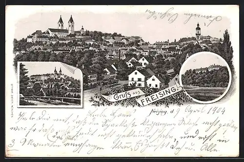 Lithographie Freising, Panoramablick auf die Ortschaft
