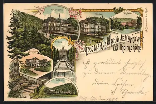 Lithographie Kassel, Pensionshaus, Kurhaus, Schloss Wilhelmshöhe, Herkules u.a.