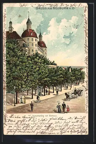 Lithographie Neuburg a. D., Luitpoldplatz mit Schloss