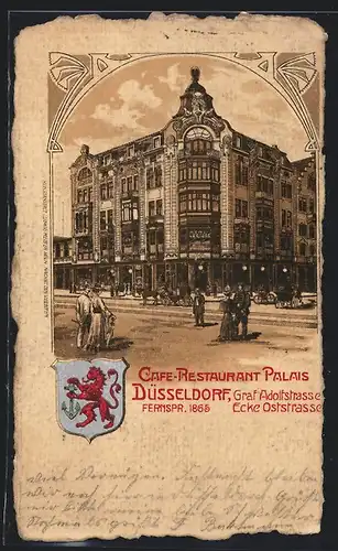 Lithographie Düsseldorf, Cafe-Restaurant Palais, Graf Adolfstrasse, Wappen