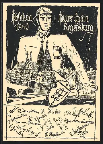 Künstler-AK Regensburg, Absolvia 1940, Neues Gymnasium, Soldat mit Schwert