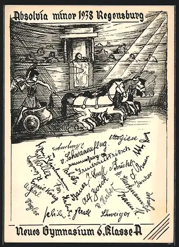 Künstler-AK Regensburg, Absolvia minor 1938, Neues Gymnasium d. Klasse A, Römer beim Pferderennen
