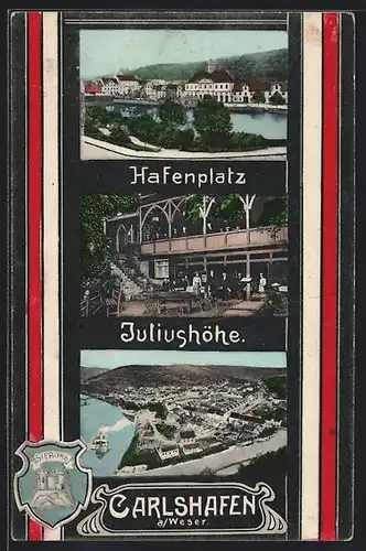 AK Carlshafen / Weser, Gasthaus Juliushöhe, Hafenplatz, Ortsansicht