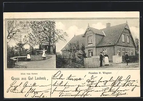 AK Lasbek, Gut Lasbek, Pension H. Wagner, Blick vom Garten