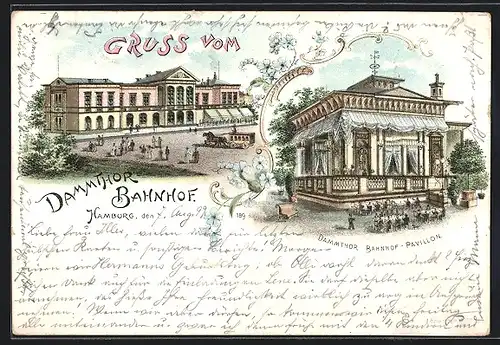 Lithographie Hamburg-Rotherbaum, Dammthor-Bahnhof und Pavillon