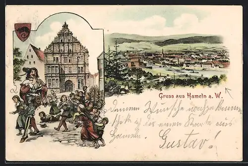 Lithographie Hameln a. W., Ortspanorama, Rathaus und Rattenfänger