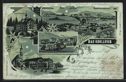 Lithographie Bad Kohlgrub, Ortsansicht, Blick auf Lindenschlösschen, Villa Bellevue, Geschäft v. Johan Ambos