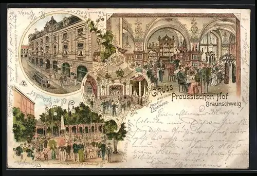 Lithographie Braunschweig, Gasthaus Preussischer Hof, Innen- und Aussenansicht