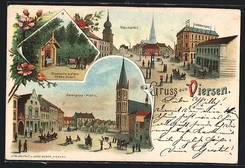 Lithographie Viersen, Neumarkt mit Hotel Viersener Hof, Trinkhalle auf dem Hohen Busch, Remigius-Platz