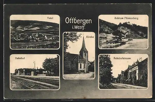 AK Ottbergen, Totalansicht, Bahnhof, Bahnhofstrasse, Kirche, Schloss Fürstenberg