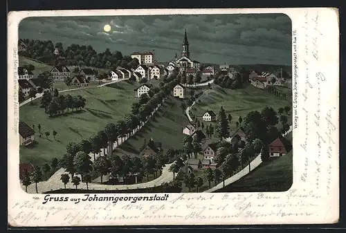 Lithographie Johanngeorgenstadt, Teilansicht mit Kirche