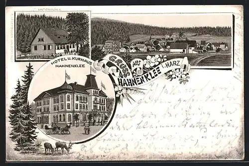 Lithographie Hahnenklee i. Harz, Hotel und Kurhaus Hahnenklee, Untermühle