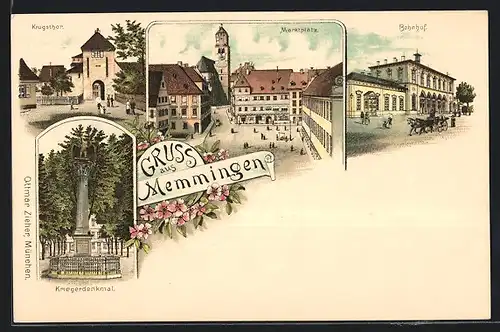 Lithographie Memmingen, Bahnhof, Krugstor, Marktplatz