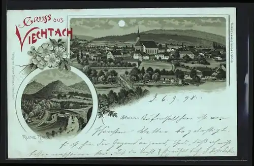 Mondschein-Lithographie Viechtach, Ortsansicht mit Kirche, Ruine Haus
