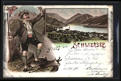 Lithographie Schliersee, Panorama, Jäger in Tracht mit erlegter Gämse