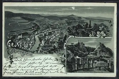 Lithographie Oberstein, Neues Schloss und Felsenkirche, Teilansicht