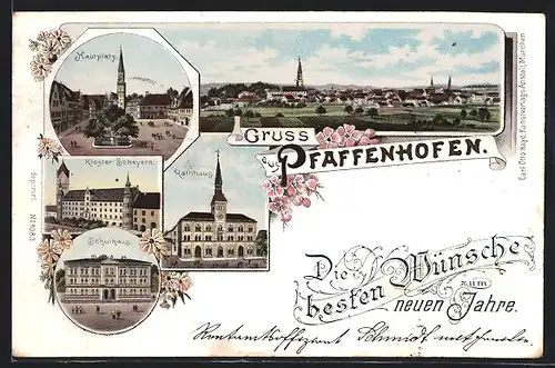 Lithographie Pfaffenhofen, Schulhaus, Kloster Scheyern, Hauptplatz, Rathaus, Panorama