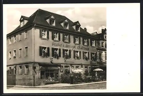 AK Bayreuth, Gasthof und Brauerei Schwarz, Bahnhofstrasse 5, Strassenansicht