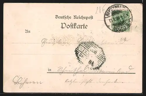 Lithographie Reichenbach i. V., Haupt-Bahnhof, Bezirksschule, Industria, Wappen