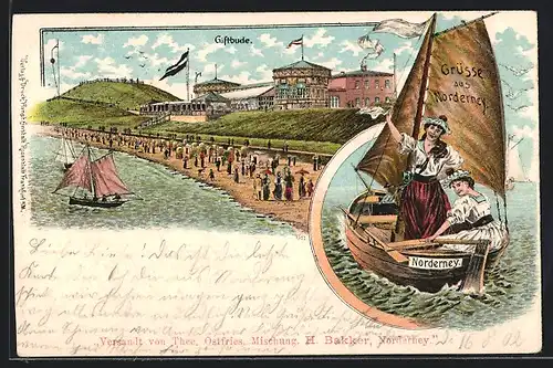 Lithographie Norderney, Giftbude, Spaziergänger am Strand, Segelboot Norderney auf dem Meer um 1900