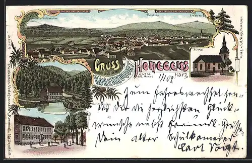 Lithographie Hohegeiss /Harz, Post, Wolfbachmühle, Kirche