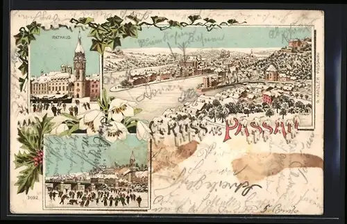 Winter-Lithographie Passau, Unnstadt mit Schlittschuh-Partie, Rathaus, Gesamtansicht