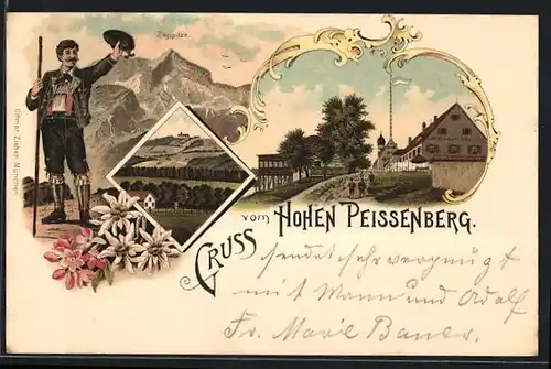 Lithographie Hohenpeissenberg, Gasthof zum bayrischen Rigi, Zugspitze, Wanderer schwenkt seinen Hut