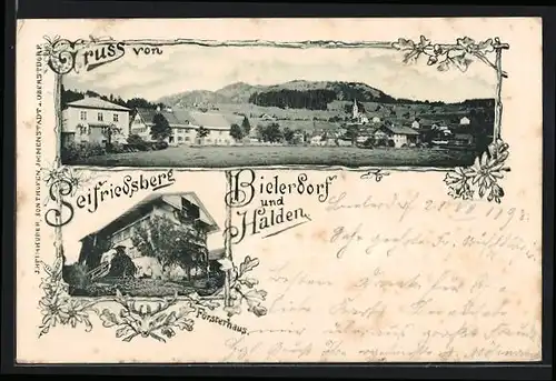 Passepartout-AK Seifriedsberg bei Sonthofen, Försterhaus, Bielerdorf und Halden