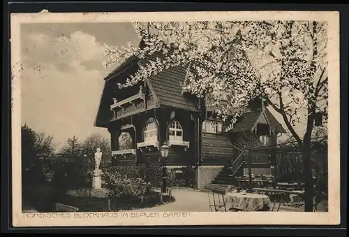 AK Kastel-Hochheim, Obstzüchterei Blauer Garten L. Stromberg, Nordisches Blockhaus mit Anlagen