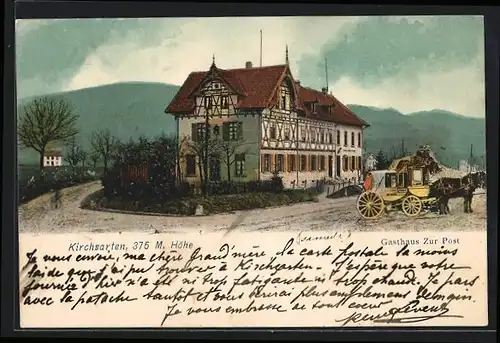 AK Kirchzarten, Gasthaus zur Post mit Postkutsche und Strasse