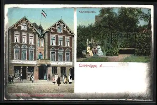 AK Estebrügge, Gast- und Geschäftshaus mit Besitzerpaar, Strasse und Passanten, Gartenpartie