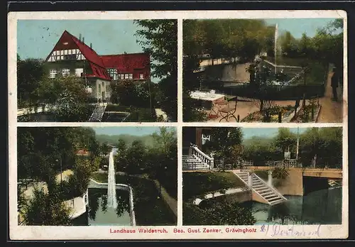 AK Grävingholz, Gasthof Landhaus Waldesruh G. Zenker mit Gartenanlagen und Fontäne