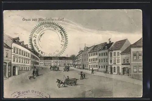 Künstler-AK sign. Hans Pernat: Münchenbernsdorf, Strassenpartie mit Bayerischem Hof, Kutsche und Automobil