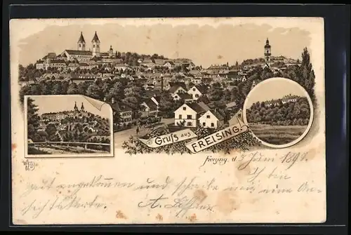 Lithographie Freising, Ortspartien und Ortsansicht aus der Vogelschau