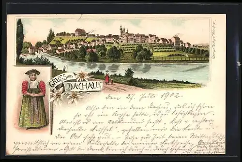 Lithographie Dachau, Ortsansicht mit Fluss, Dachauerin in Tracht