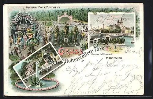 Lithographie Magdeburg, Hohenzollern-Park und Dom