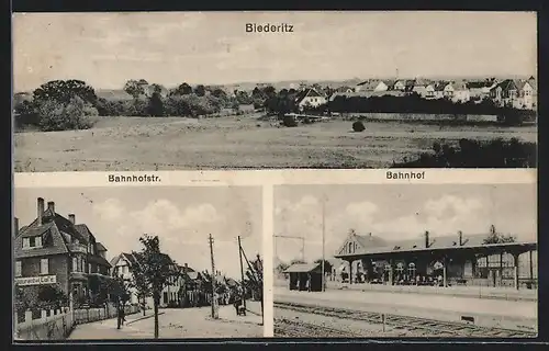 AK Biederitz, Bahnhof, Bahnhofstrasse mit Restaurant & Cafe, Ortsansicht