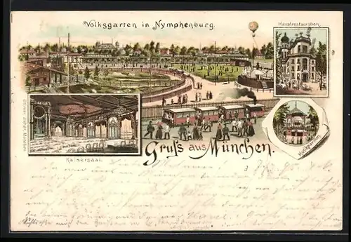 Lithographie München, Volksgarten in Nymphenburg, Ballon
