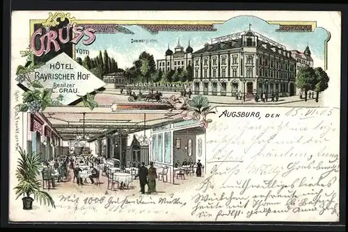 Lithographie Augsburg, Hotel Bayerischer Hof, Sommergarten