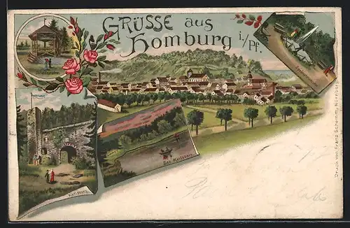 Lithographie Homburg, Friedaruhe, Karlsburg, See Karlsberg, Springbrunnen, Totalansicht