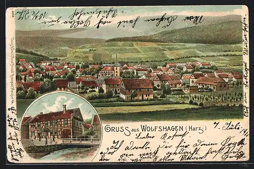 Lithographie Wolfshagen /Harz, Ortsansicht mit Feldern und Bergen, Haus Gustav Höfner mit Bachbrücke