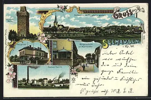 Lithographie Seehausen / Wanzleben, Warte, Amtsgericht, Zuckerfabrik, Bürgerschule