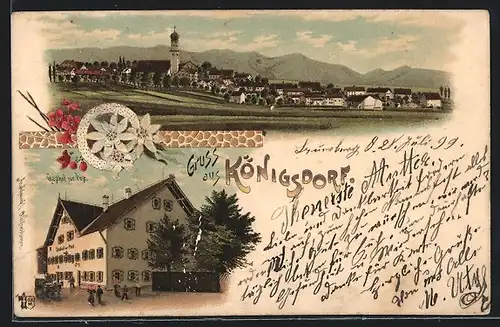 Lithographie Königsdorf, Gasthof zur Post, Ortsansicht mit Kirche