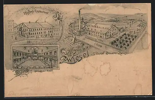 Lithographie Zwiesel, Restaurant Pfeffer, Dampf-Brauerei