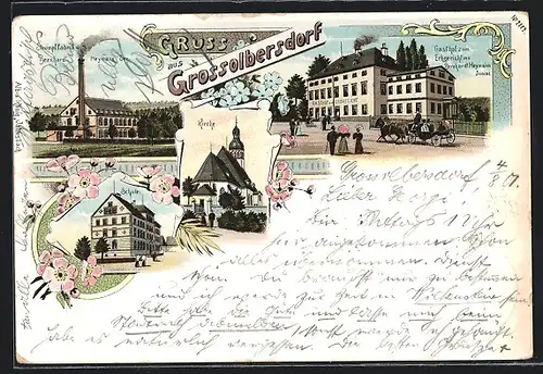 Lithographie Grossolbersdorf, Gasthof zum Erbgericht, Schule, Kirche