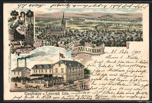 Lithographie Mülheim b. Coblenz, Gasthaus von Conrad Zils