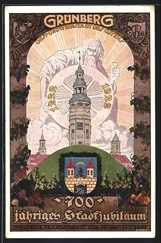 Künstler-AK Ernst Kutzer: Grünberg, 700 jähriges Stadtjubiläum 1922, Ortsansicht mit Wappen