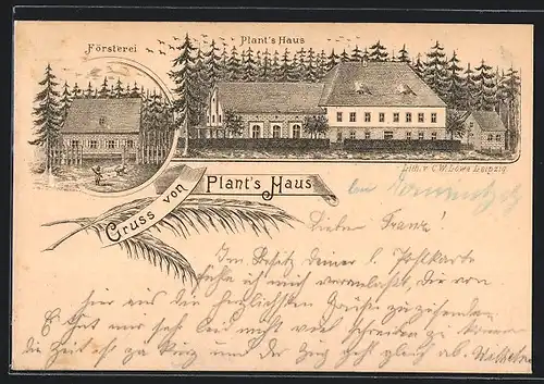 Lithographie Dommitzsch, Gasthof Plant`s Haus, Försterei