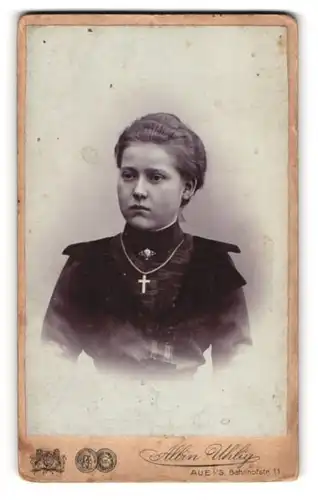 Fotografie Albin Uhlig, Aue i. S., Bahnhofstr. 11, Junge Dame in schwarzem Kleid mit silbernem Kreuzkleid und Brosche