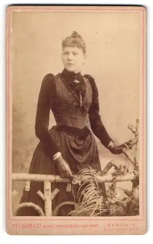Fotografie Pflaum & Co, Berlin, Königsstr. 57, Junge Dame in schwarzem tailliertem Kleid mit Hochsteckfrisur und Brosche